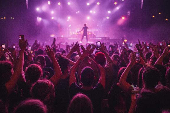 Energetic crowd of millennial and Gen Z fans at a The Weeknd concert in London with purple stage lighting
